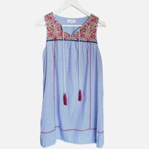 THML Floral Embroidered Tasseled Striped Cotton Tank Shift Dress Women's size S